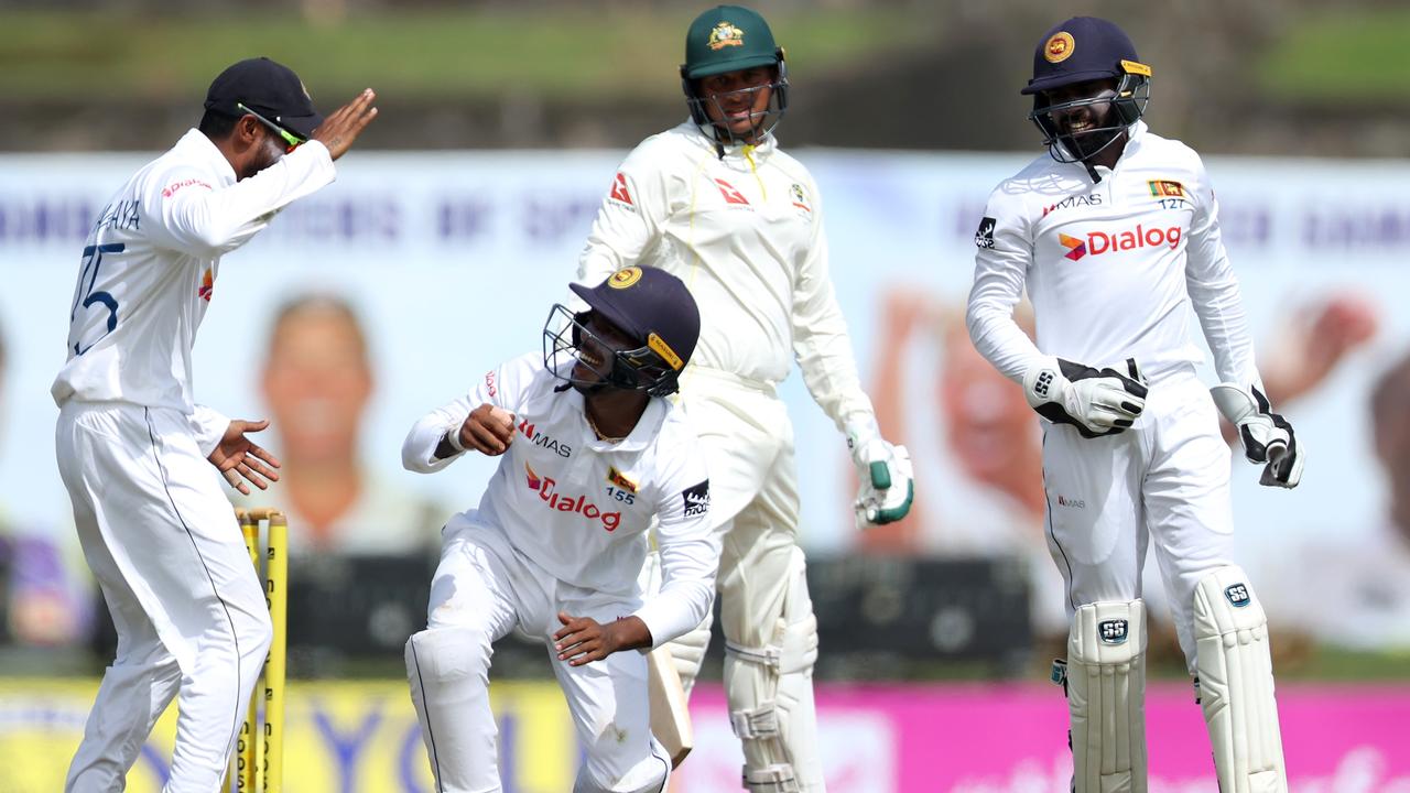 Sri Lanka celebrate the dismissal of Usman Khawaja. Picture: Buddhika Weerasinghe/Getty Images