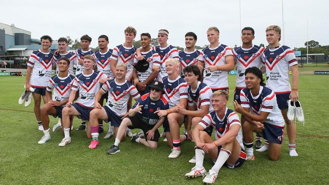 Central Coast Roosters celebrate after a win against the Monaro Colts in round one of the Laurie Daley Cup. Picture: Sue Graham