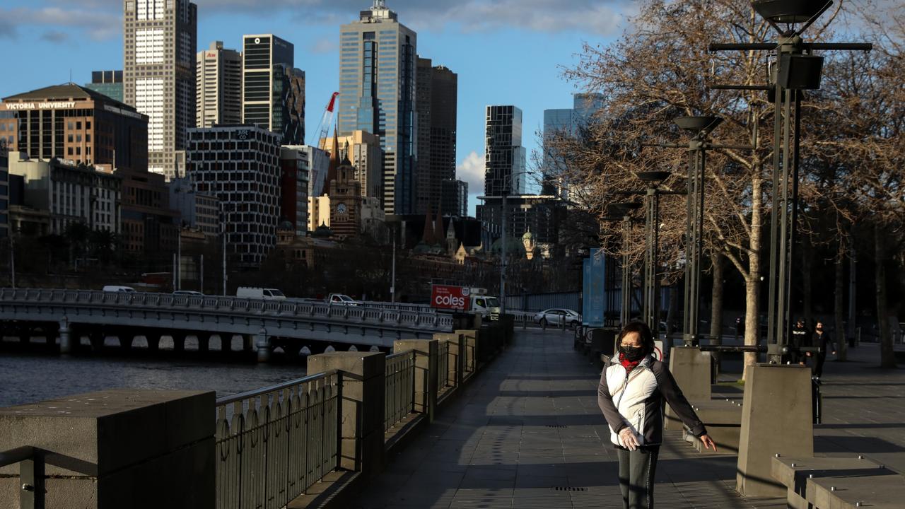 A woman exercising along the Yarra River during lockdown. Picture: Diego Fedele