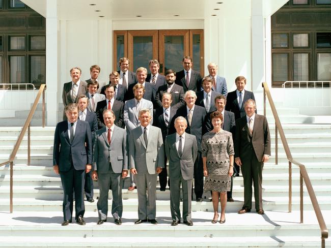 Members of the Hawke Ministry in 1984 on the steps of Parliament House, Canberra. Uren is in the second row, third from right. Picture: National Archives of Australia