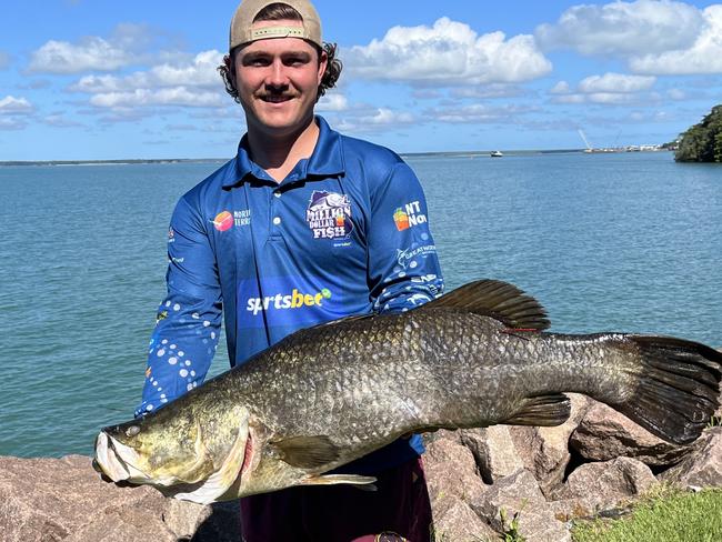 NT Fisho Kai Hale holds the record for biggest fish caught as part of the Million Dollar Fish competition with a 105cm red-tagged barra caught at Manton Dam on March 11 2023 in Season8.