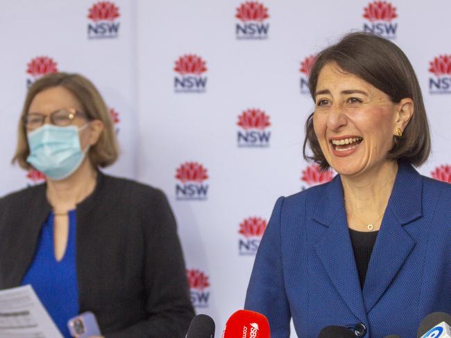 Premier Gladys Berejiklian, with Dr Chant behind, has given people of the northern beaches hope that restrictions may ease today (Saturday). Picture: NCA NewsWire / Jenny Evans