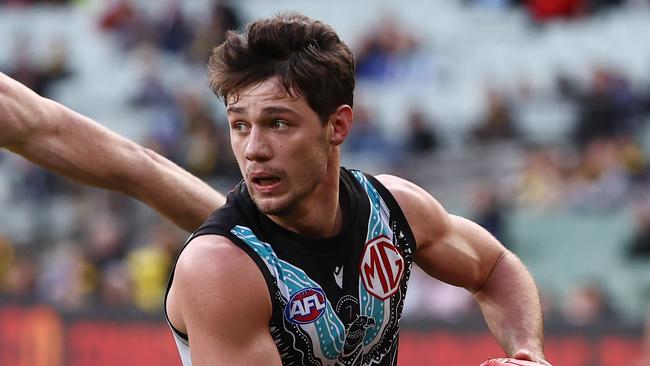 MELBOURNE, AUSTRALIA - MAY 28, 2023 :  AFL Round 11. Richmond vs Port Adelaide at the MCG .   Jed McEntee of the Power .  Pic: Michael Klein