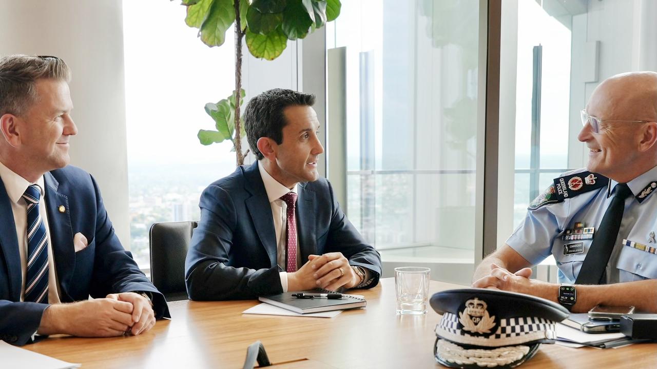 LNP's Jarrod Bleijie and David Crisafulli meeting with Commissioner of the Queensland Police Service Steve Gollschewski.