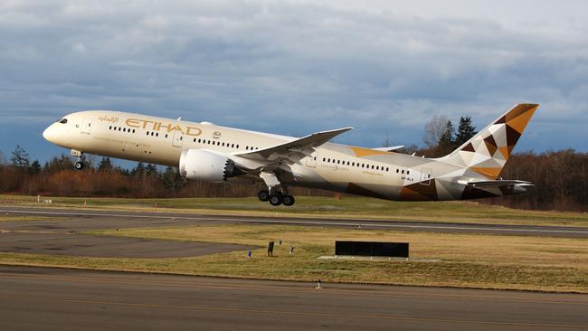 An Etihad Airways' Boeing 787-9 similar to the one that blew two tires after an aborted takeoff at Melbourne Airport.