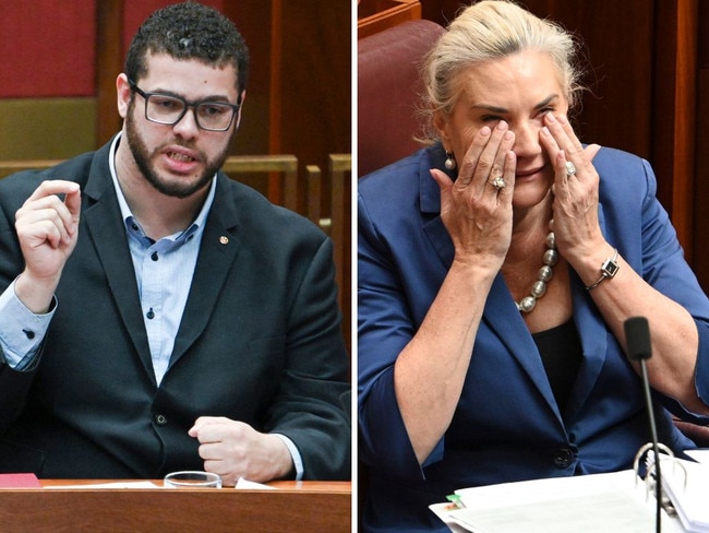 Greens senator Jordon Steele-John and Liberal senator Hollie Hughes during the vote on the NDIS overharul. Picture: NewsWire/Martin Ollman