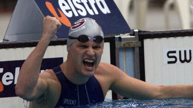 Ipswich swimmer Heath Ramsay celebrates after winning the men's 200m butterfly final at the 2000 Olympic Selection Trials. Picture: Brett Faulkner.