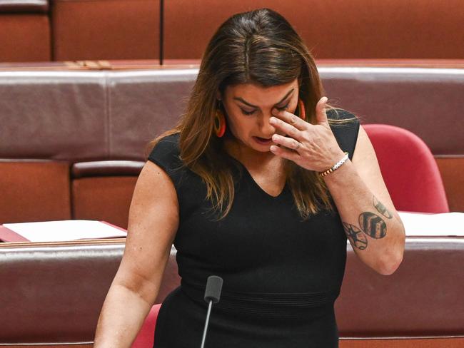 An emotional Lidia Thorpe addresses the Senate on Thursday. Picture: Martin Ollman