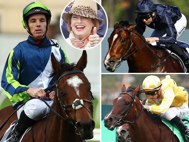 Hall Of Fame trainer Gai Waterhouse (inset) has top chances in feature races in two states on Saturday: Eliyass (left) in the Caulfield Cup and Storm Boy (top right) and Lady Of Camelot in The Everest.