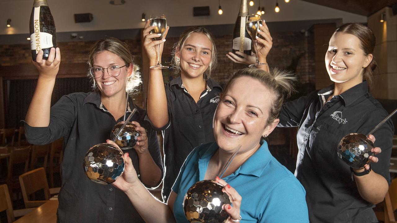 (back from left) Ellie Fitzgibbons, Jemma Bradshaw and Rheanna Klaassen with Anita Armanasco (in front) Fitzy's staff prepare for New Year's Eve. Friday, December 30, 2022. Picture: Nev Madsen.