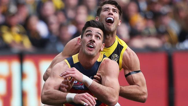 Taylor Walker and Alex Rance wrestle during the 2017 Grand Final. Picture: Phil Hillyard