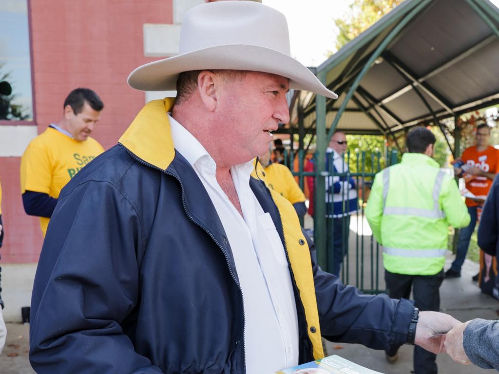 Mr Joyce faced pushback on the campaign trail after trying to stir concern over the future of coal workers. Mr Joyce is pictured prepolling in Echuca for Nationals candidate Sam Birrell. Picture: Brad Hunter, Office of the Deputy Prime Minister