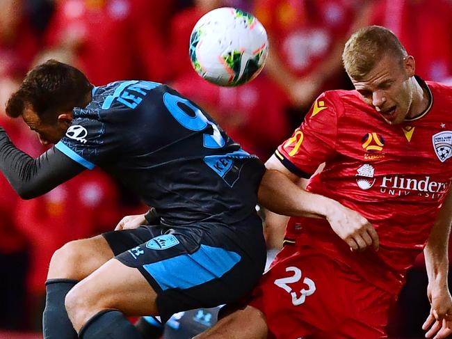 ADELAIDE, AUSTRALIA - OCTOBER 11: Jordan Elsey of Adelaide United   competes with Adam Le Fondre of Sydney FC during the round one A-League match between Adelaide United and Sydney FC at Coopers Stadium on October 11, 2019 in Adelaide, Australia. (Photo by Mark Brake/Getty Images)