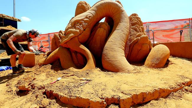 Sculptors put in hours of work on their creations for the Day at the Zoo Sand Sculpture. Picture: Tim Carrafa