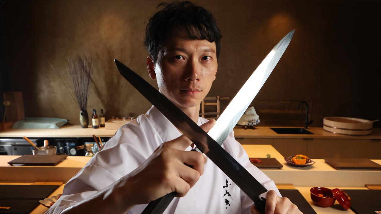 Chef Fumiki Hayashi at his traditional eight-seat Japanese Omakase restaurant, Robertson. Picture: Liam Kidston