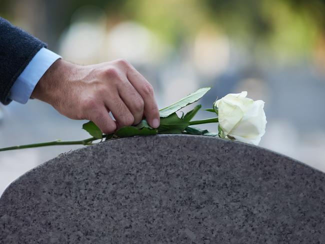 Cropped shot of a man placing a white rose on a grave