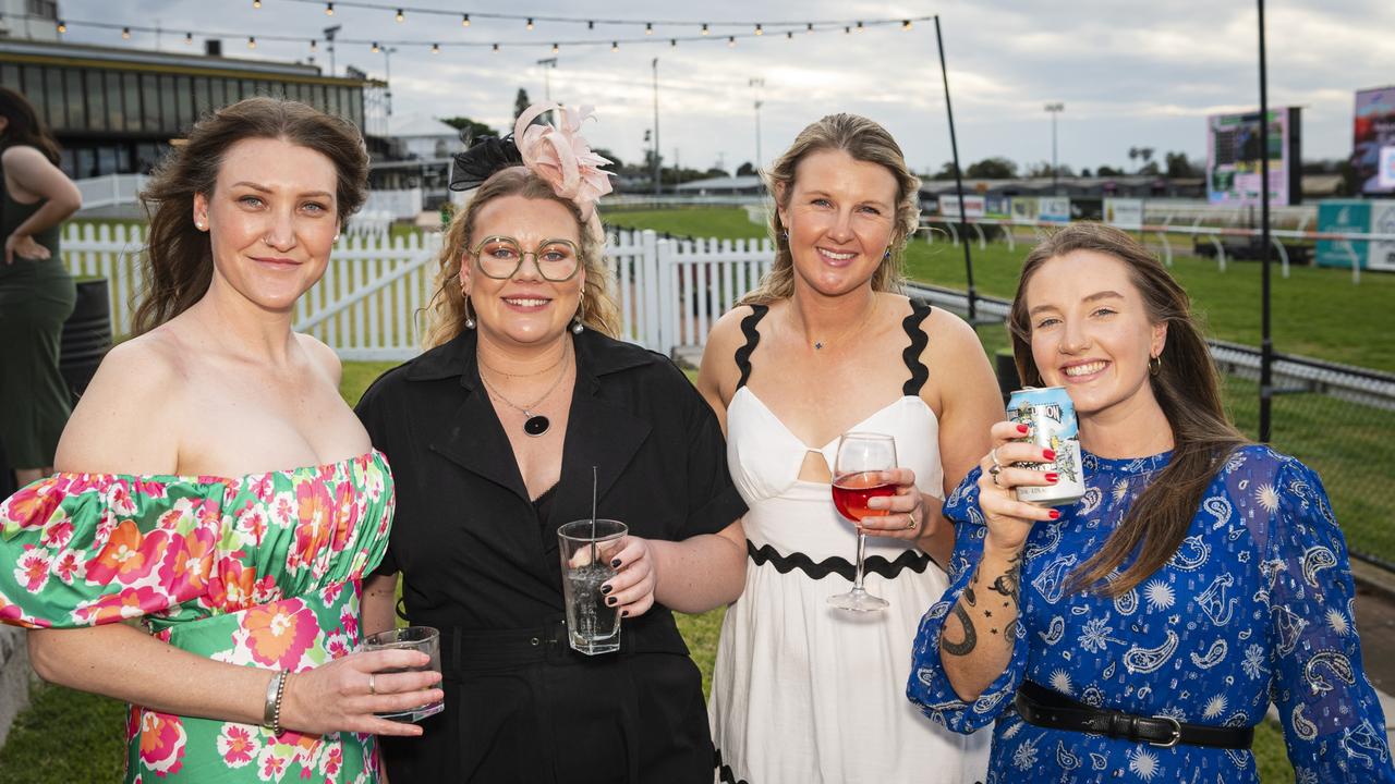 At the Emergency Services race day are (from left) Anna Griffiths, Elizabeth Hockam, Fredie O'Leary and Jess Maguire at Clifford Park, Saturday, August 10, 2024. Picture: Kevin Farmer