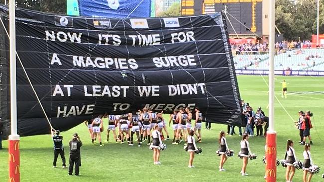 The Port Adelaide Magpies banner from second semi-final against Woodville-West Torrens Eagles on Sunday. Picture: Facebook