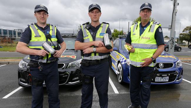 Maroondah highway patrol senior constables Julian Apps, Cameron Box and Andrew Jones have been catching more hoon drivers in the past two months. Picture: George Salpigtidis