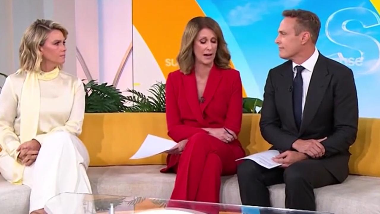 Natalie Barr broke down in tears as she remembered her Sunrise colleague Nathan Templeton on Thursday's breakfast show following his shock death aged 44. Picture: Sunrise