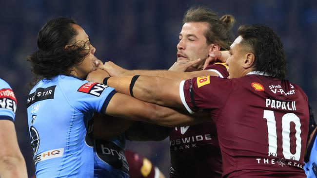 Patrick Carrigan and Josh Papalii react to Jerome Luai’s taunt. Picture: Adam Head