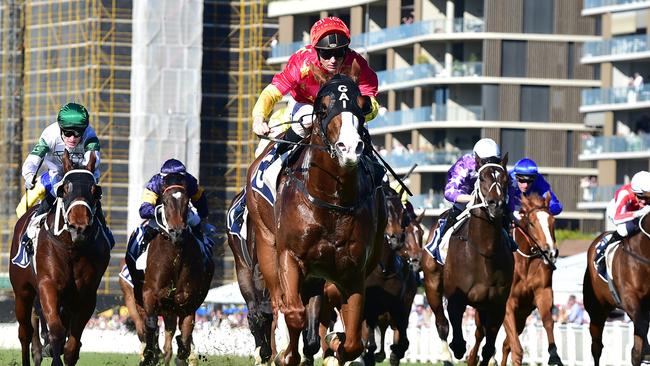 Bases Loaded wins the Gunsynd Classic at Eagle Farm for jockey Tim Clark and trainers Gai Waterhouse and Adrian Bott. Picture: Grant Peters, Trackside Photography.