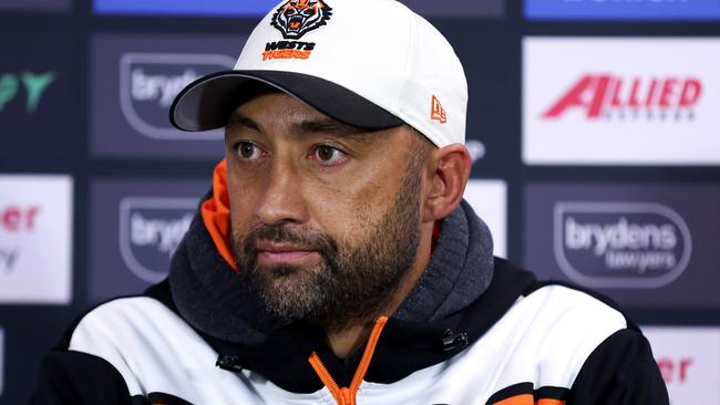 SYDNEY, AUSTRALIA - JUNE 30: Tigers coach Benji Marshall speaks to the media following the round 17 NRL match between Sydney Roosters and Wests Tigers at Allianz Stadium, on June 30, 2024, in Sydney, Australia. (Photo by Brendon Thorne/Getty Images)