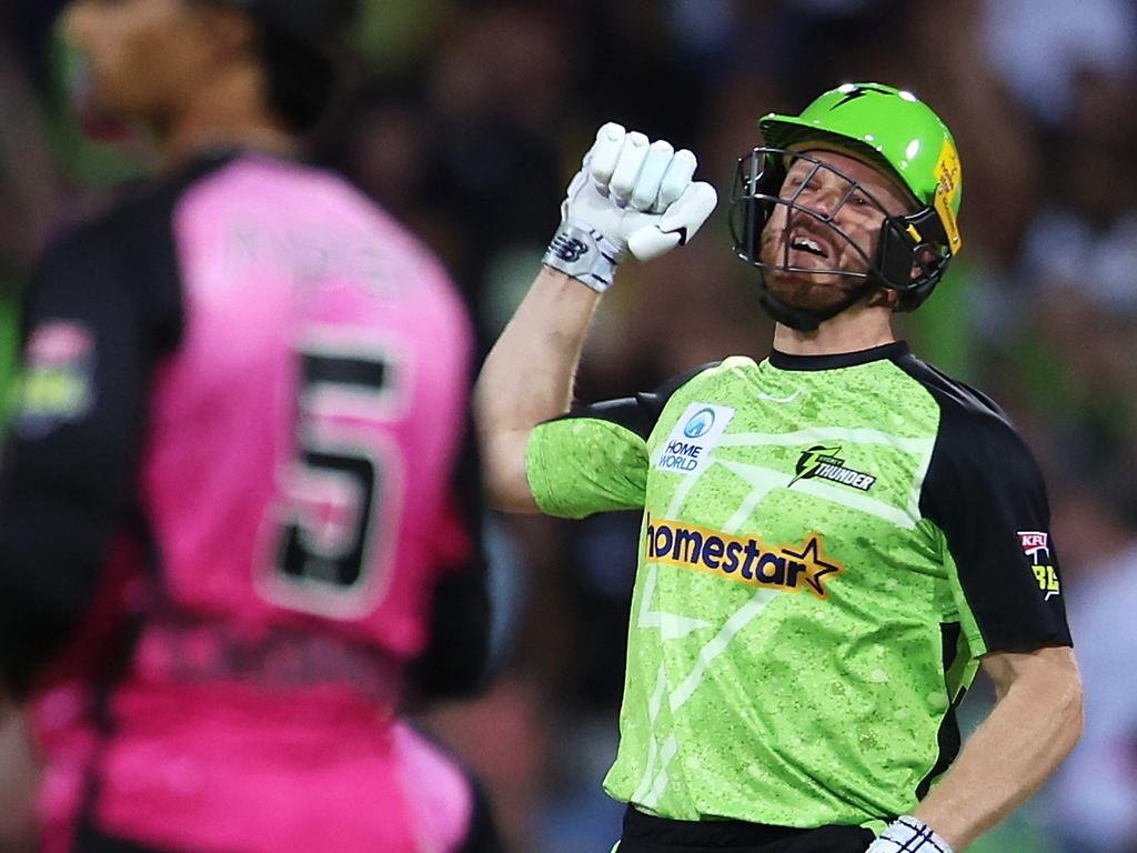 Nathan McAndrew celebrates victory after hitting the winning runs for the Thunder. Picture: Getty Images