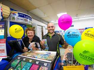 Narelle Hayes and Nathan Eames from Jetty Harbour Newsagency. where a $25,000 scratchie was sold . 24 MAY 2018. Picture: Trevor Veale