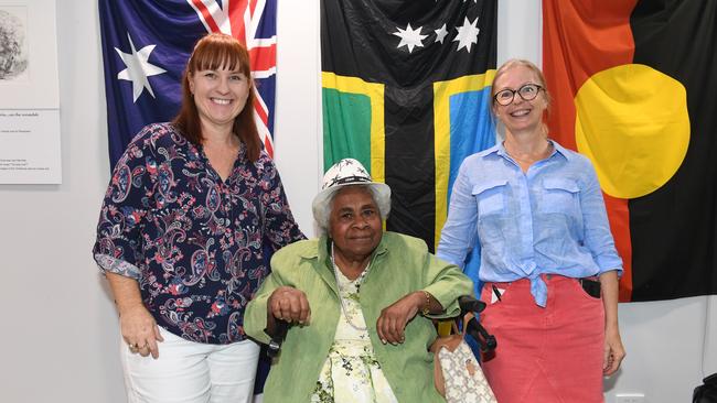 Gloria Arrow with Kealie Frerichs and Janet Ambrose at the Jubilee Community Centre at the opening of Conversations with Gloria on the Veranda.