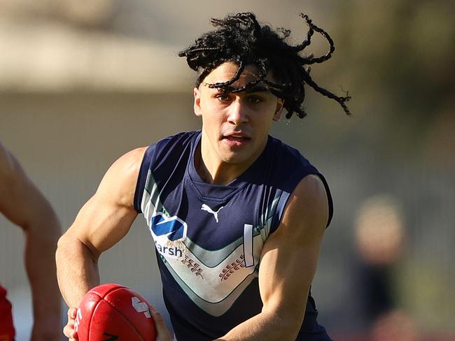 ADELAIDE, AUSTRALIA - June 30: Isaac Kako of Victoria Metro during the 2024 Marsh AFL Championships U18 Boys match between South Australia and Victoria Metro at Alberton Oval on June 30, 2024 in Adelaide, Australia. (Photo by Sarah Reed/AFL Photos via Getty Images)