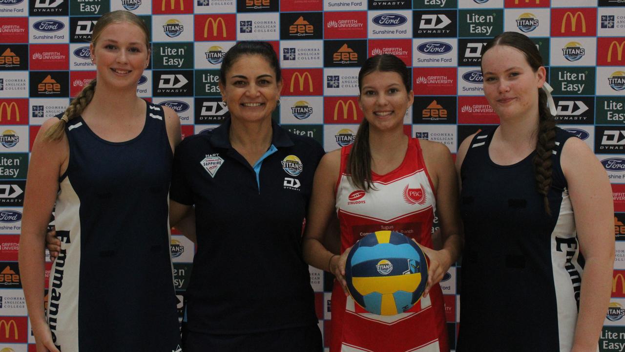 Gold Coast Titans Netball launch schools competition. Pictured Temepara Bailey (second from left) with three student athletes.