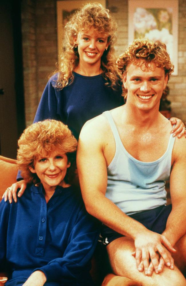 Craig McLachlan with Kylie Minogue and Anne Charleston in <i>Neighbours</i> in 1988. Picture: Supplied