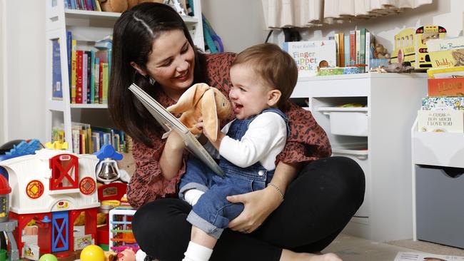 Endometriosis sufferer Jenny Hogan, 30, with her 16-month-old son Connor Hogan at home in North Ryde. Picture: Jonathan Ng