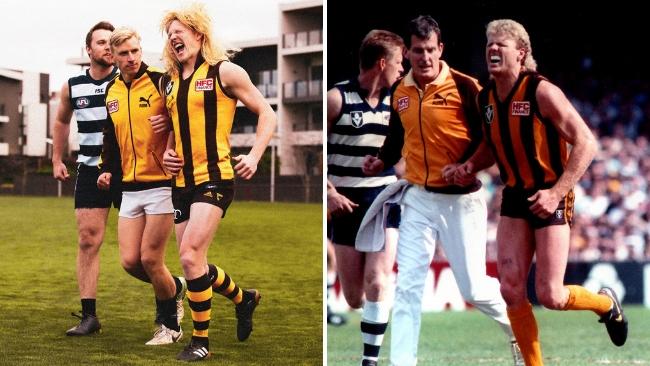 Hawthorn star James Sicily emulates club legend Dermott Brereton's iconic moment from the 1989 Grand Final after he was taken out by Geelong hard man Mark Yeates.