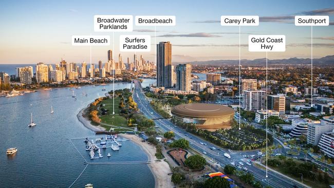 Artist impression of the proposed Gold Coast Arena boutique stadium at Carey Park, Southport. Picture: Supplied by Gold Coast City Council