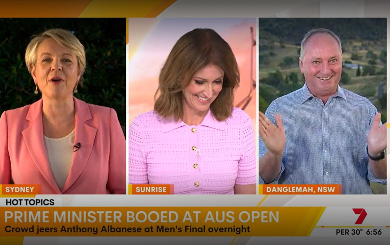 Barnaby Joyce and Tanya Plibersek in a playful mood on Sunrise. Picture: Supplied.