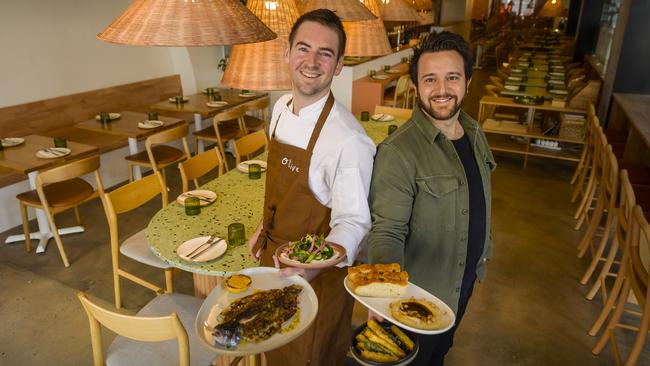 Callum Hann and Themis Chryssidis in the new Mediterranean restaurant Olive on Pirie St. Picture: Roy VanDerVegt