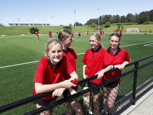 (L to R) Tully Rasmussen, 12, Stephanie Davies, 12, Grace Conroy, 12 and Cara Webb, 12, pictured on SydneyÕs northern beaches on Friday 6th March 2020. Picture: Nikki Short