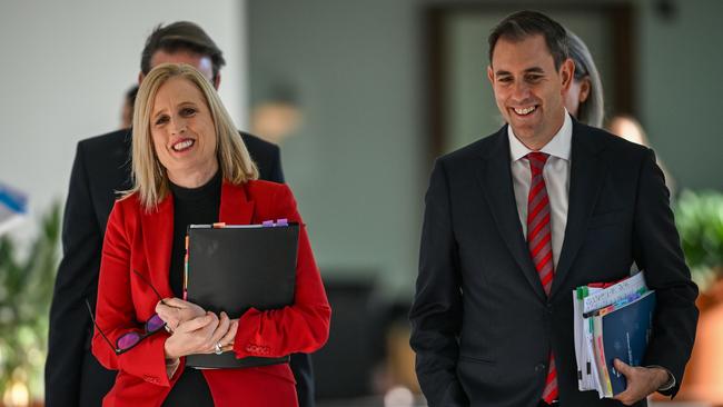 Australia's Treasurer Jim Chalmers (Front R) and Finance Minister Katy Gallagher (Front L) arrive for the budget lockup at Parliament House on May 14, 2024 in Canberra, Australia. (Photo by Tracey Nearmy/Getty Images)