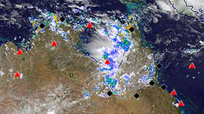 A Bureau satellite image showing heavy rain falling in the Gulf and Cape York region on Wednesday morning. Picture: BOM