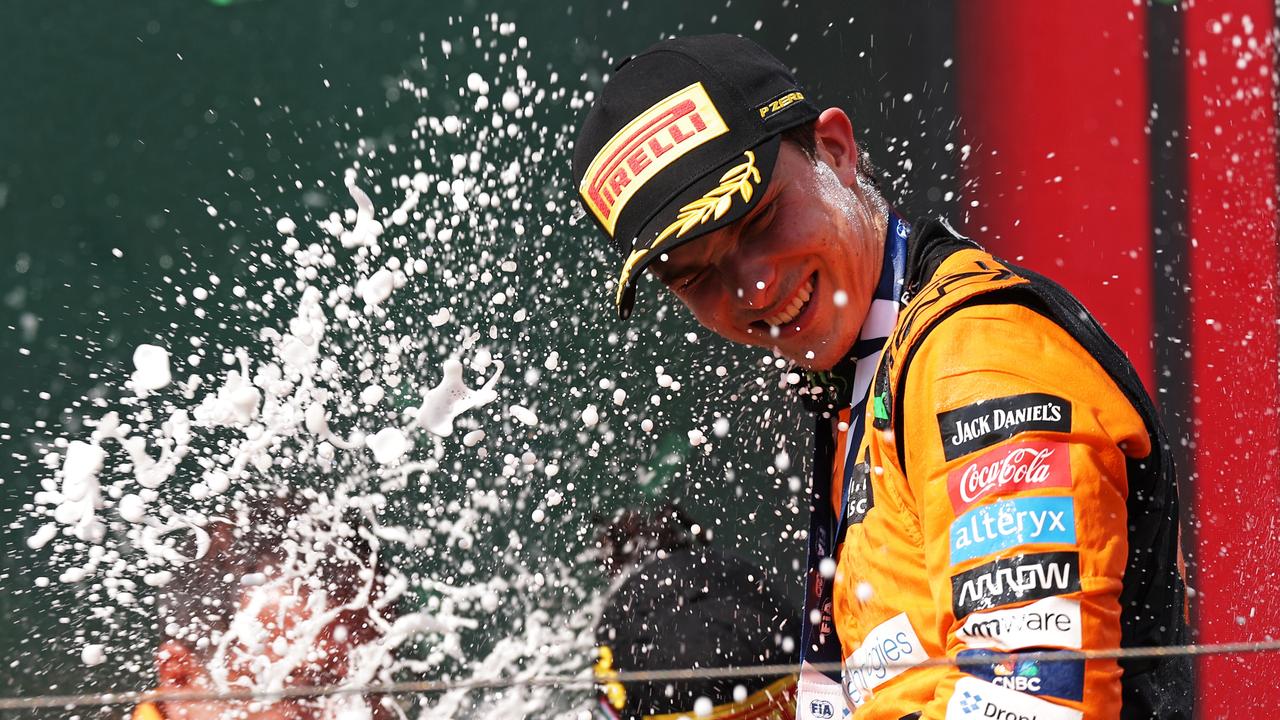 A champagne moment for Oscar Piastri in Hungary. Picture: Dean Mouhtaropoulos/Getty Images