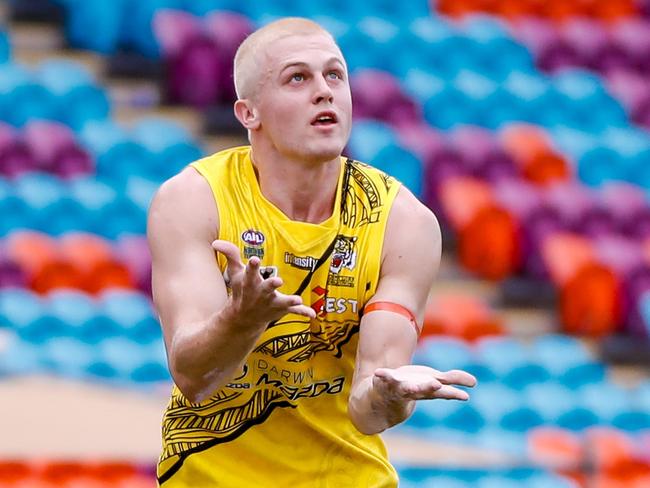 Cooper Dahms had a standout performance for the Nightcliff Tigers against Wanderers in Round 12 of the 2023-24 NTFL season. Picture: Celina Whan / AFLNT Media