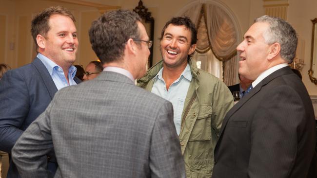 Nick Fordham, Matt Wright and Australian ambassador to the US, Joe Hockey chat with NatGeo WILD general manager Geoff Daniels at Washington reception for Outback Wrangler.