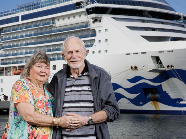 Cruisers Jessica and Marty Ansen at Brisbane Cruise Terminal on Tuesday where they are halfway through their two-year journey onboard Coral Princess. Picture Lachie Millard