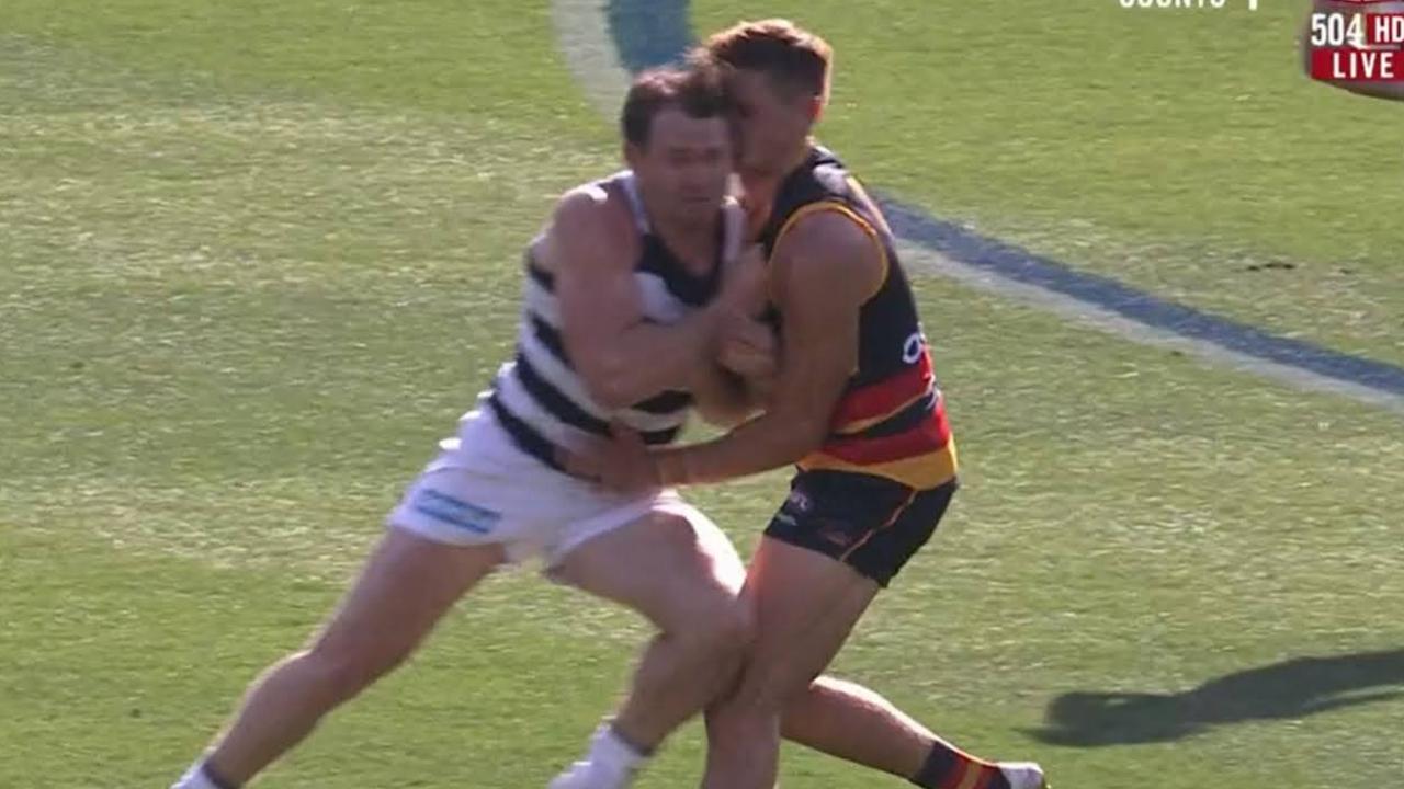 Patrick Dangerfield’s bump on Jake Kelly – does he deserve a suspension? Picture: Fox Footy