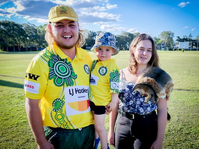 Queens cricketer Nathan Boyd, with young future cricketer Boston Mackay and design artist Isabella Eurell.