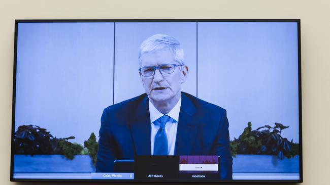 Apple CEO Tim Cook testifies to Congress via a video conference. Picture: AFP