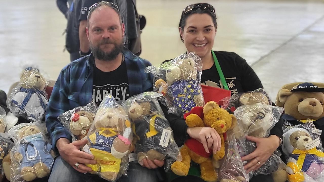 Zac and Hiedi Wells with care flight bears at the annual Toowoomba Motorcycle Toy Run. Monday, December 19, 2022. Picture: supplied.