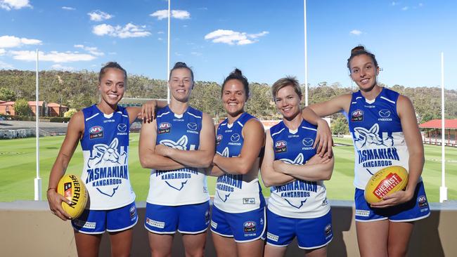 North Melbourne AFLW players ready to take on Carlton at North Hobart Oval (L-R) Kaitlun Ashmore, Britt Gibson, captain Emma Kearney, Jess Duffin and Emma King. Picture: LUKE BOWDEN